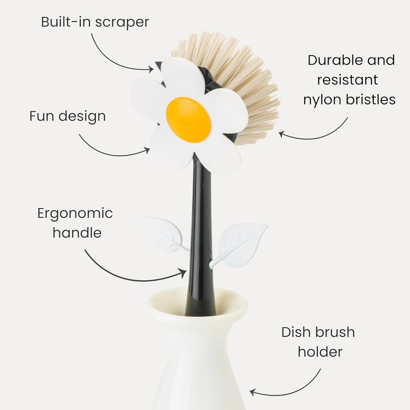 Vigar Flower Power Dish Brush with Vase Brush Holder, Dish Brush with Handle for Pot Scrubber, Dishes, Sink, and Kitchen Essentials, White, Black - Image 3